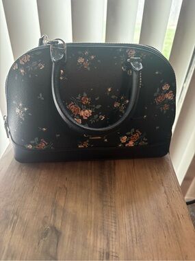 Structured Floral Dome Satchel Handbag - Blue with Pink Floral Print